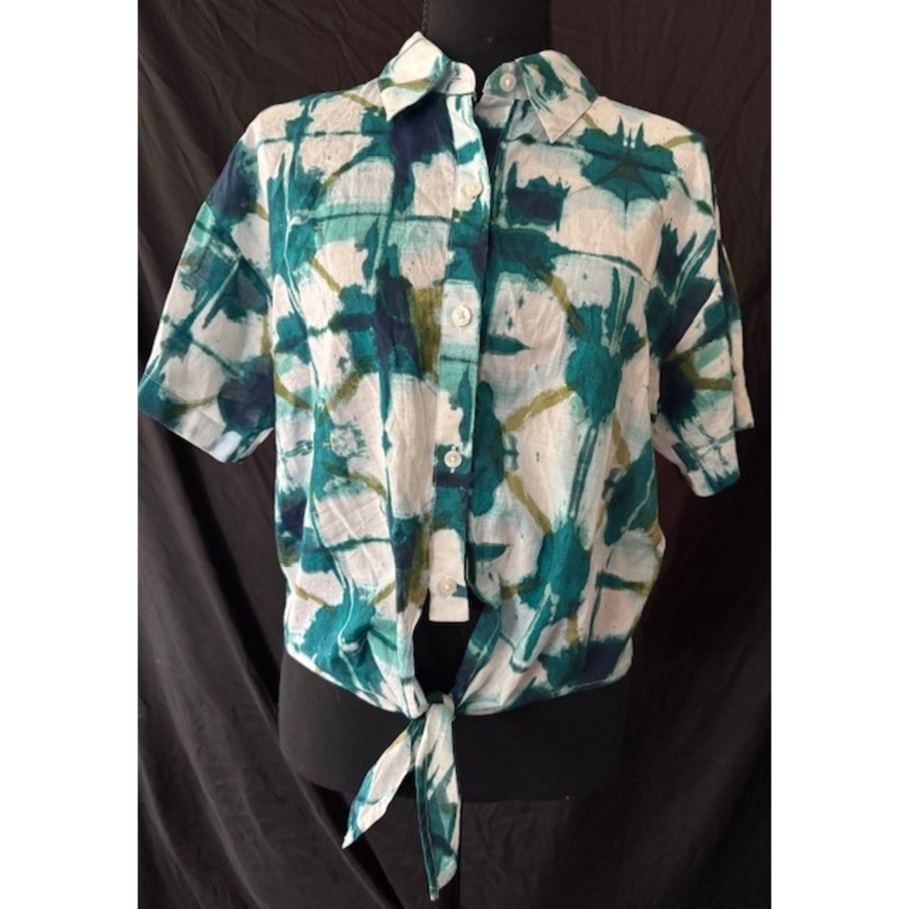 Banana Republic Womens M Teal Blue Tie Dye Tie Front Cotton Button Down Shirt